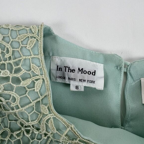 VTG 80s Dress Accordion Crochet Lace Mint Green Long Sleeve Sz 8 IN THE MOOD - Picture 9 of 16